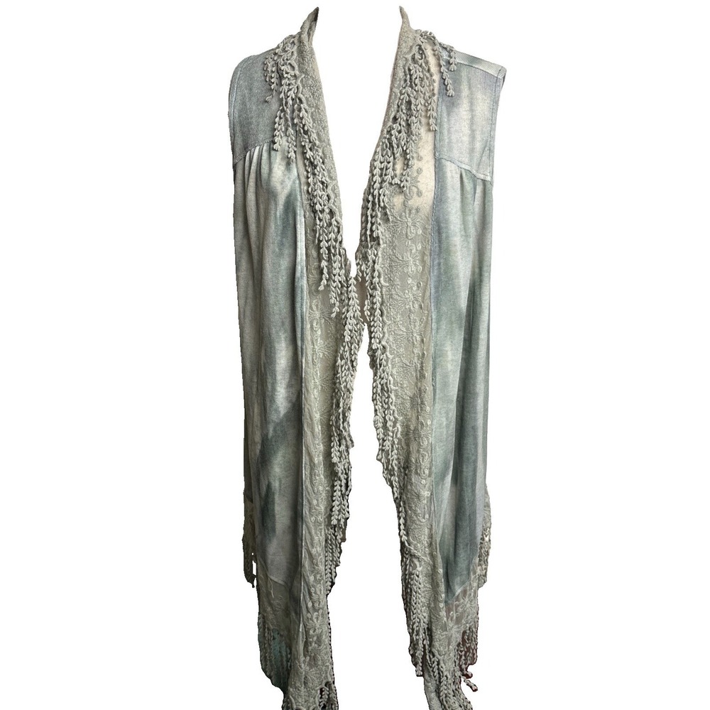 One World Boho Lace Fringe Embroidered Open Duster Cardigan Womens XL Green Gray